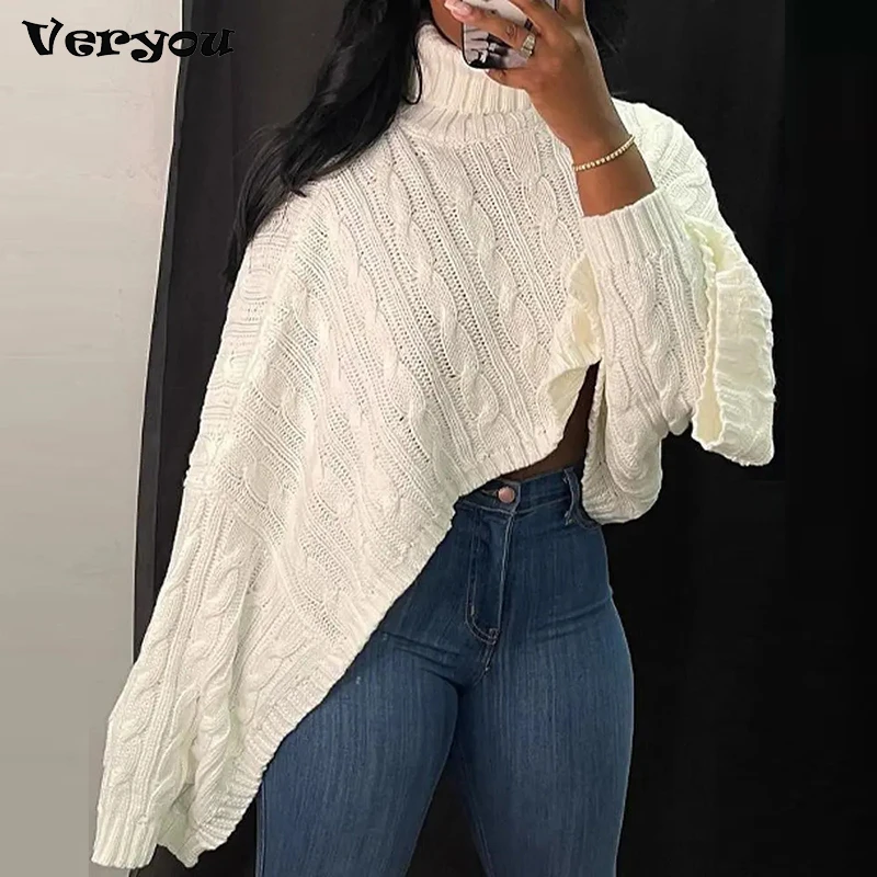 

Autumn Winter Women's Knitted Warm Crop Sweater Fashion Turtleneck Full Sleeve Pullover Casual Female Loungeweard Shawl Jumpers