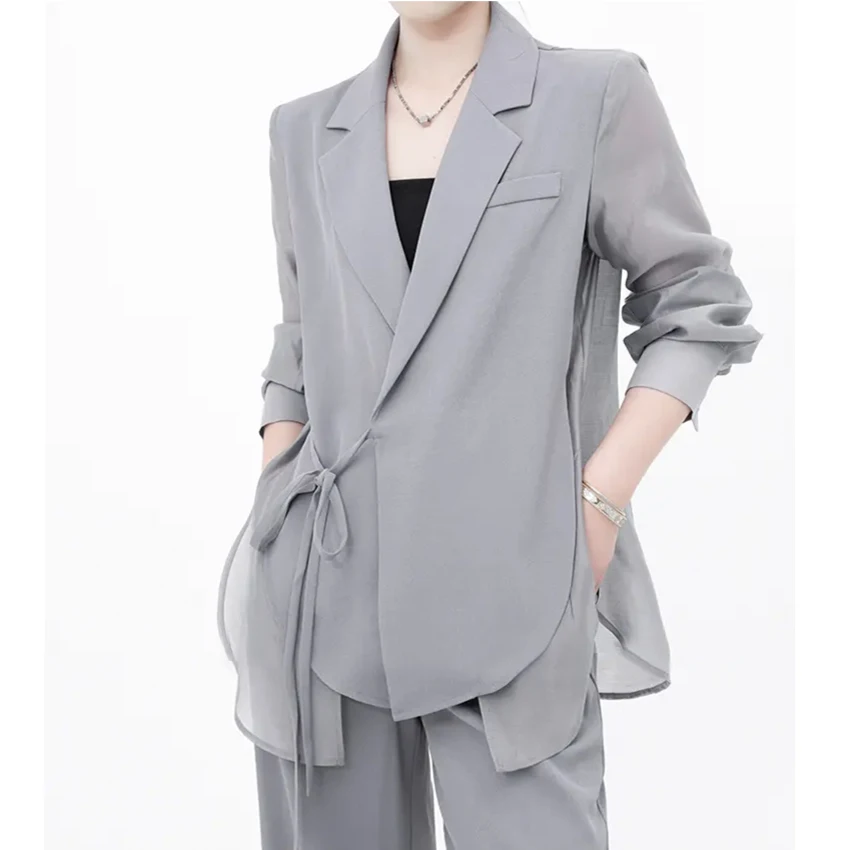 

New 2023 fashion Chiffon Spliced Fake Two Piece Coat High Waist Wide Leg pants set elegant women's sets