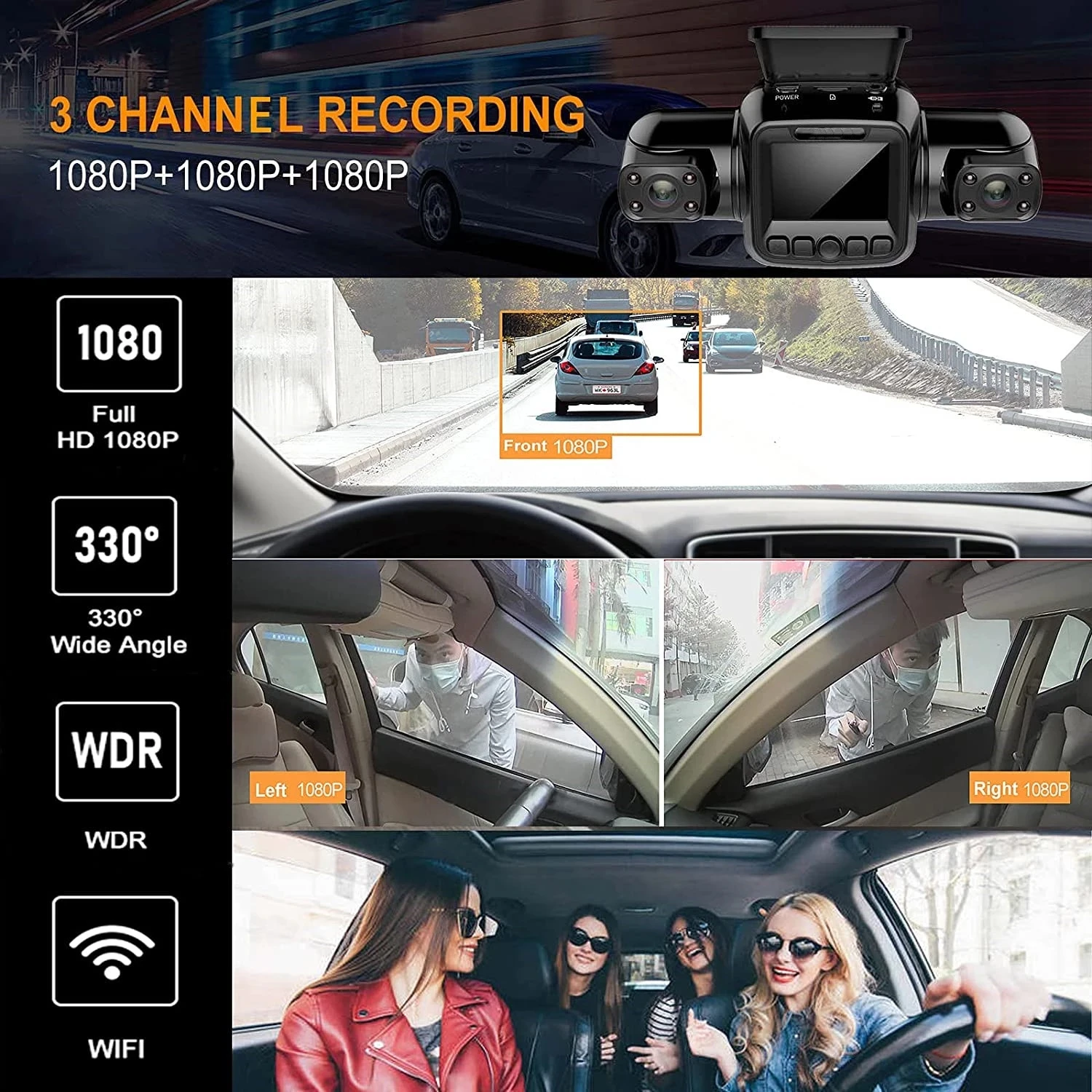3-канальный FHD 3*1080P 170 ° Автомобильный видеорегистратор WiFi GPS WDR 8 ИК-подсветки супер
