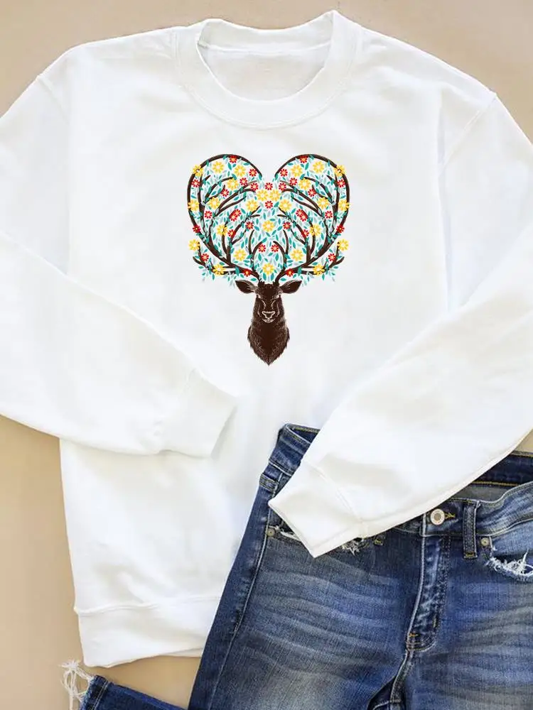 

Deer Flower Sweet 90s Style Casual Clothing Graphic Sweatshirts Women Wear Print Fashion Clothes Autumn Spring Pullovers