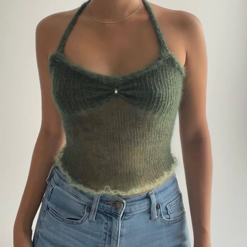 

Knitted Gradient Short Top Ruched Backless Knotted Camis Women Retro Cute Summer Mini Tank Top Chic Party Beach Camis 90s