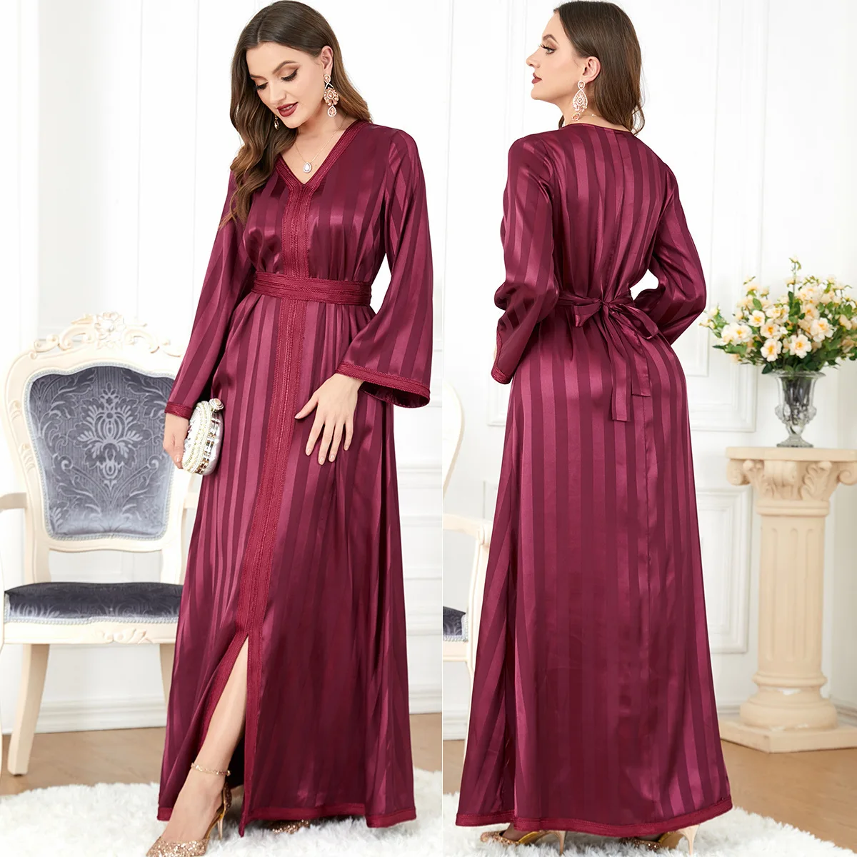

Muslin Evening Dress V-neck Ramadan Long Sleeves Kaftan Caftan Moroccan Dubai Turkey Abaya For Wedding Elegant Female Clothing