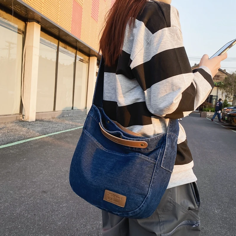 Купи Solid Denim Women's Bag Jeans Shoulder Cross Body Tote Bag Multiple Pockets Eco Bag Korean Messenger Bags Y2K PU Handle Handbag за 922 рублей в магазине AliExpress