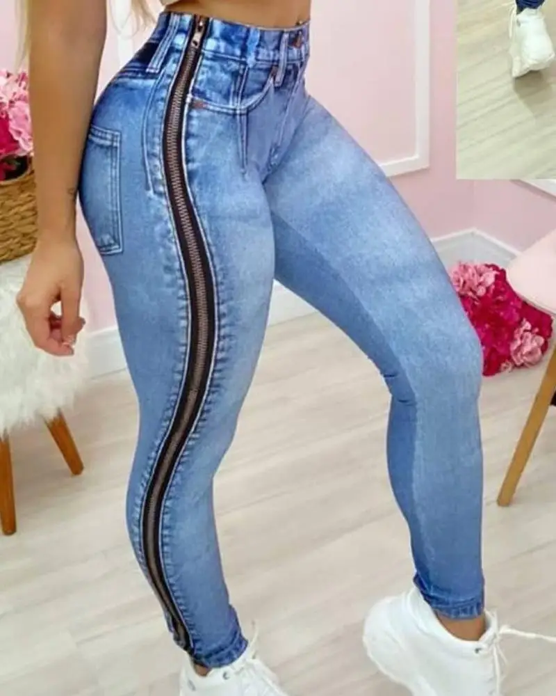 

2021 Women's Jeans Sexy Pants Spring High Waist Zipper Jeans Pant Style Waist Type Front Style Length Material Fit Type Age