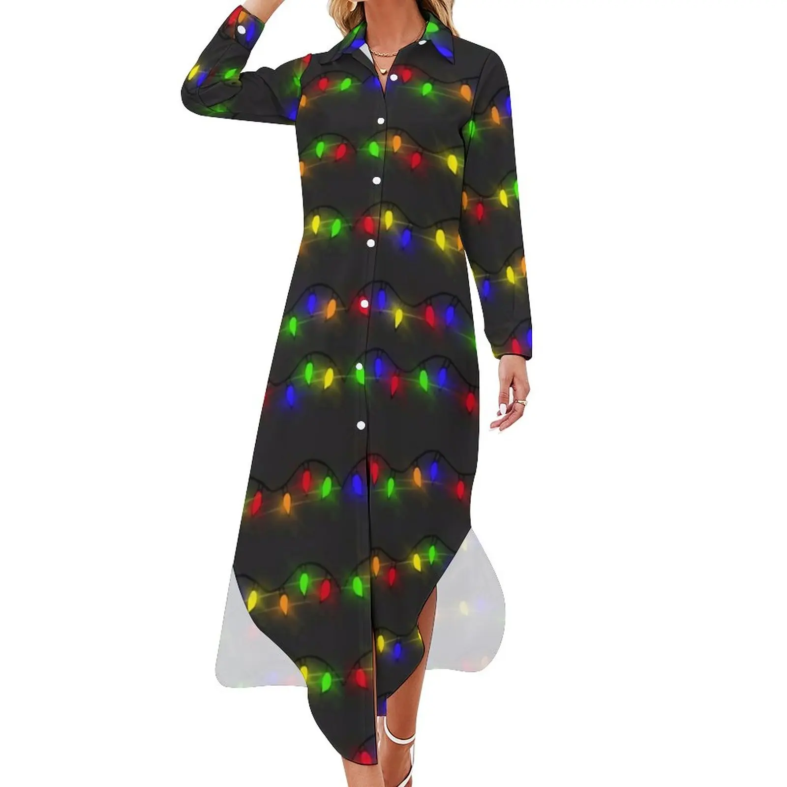 

Christmas Lights Chiffon Dress Colorful Print Beach Dresses Women Long Sleeve Street Fashion V Neck Design Big Size Casual Dress