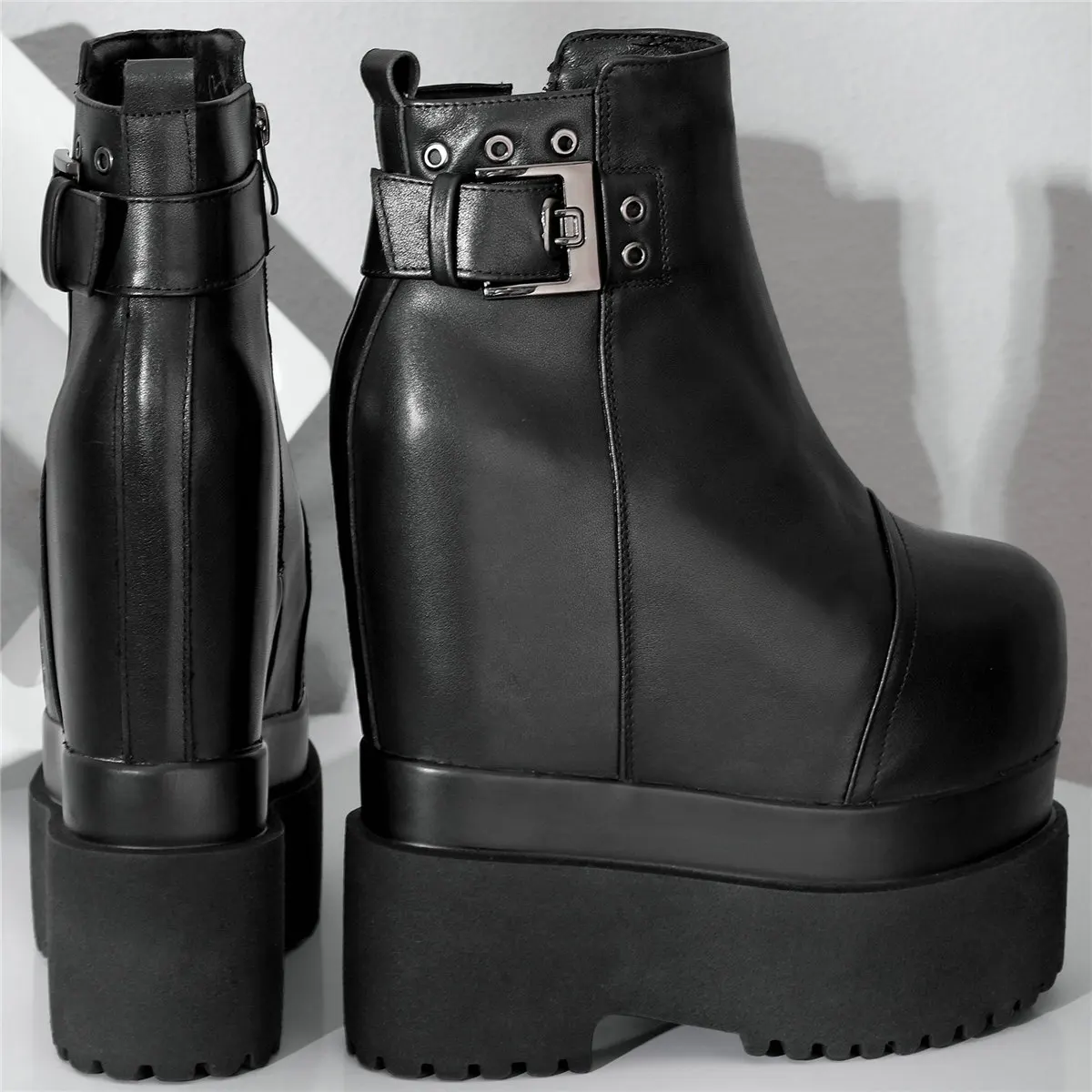 2022 Winter Warm Creepers Women Genuine Leather High Heel Motorcycle Boots Female High Top Round Toe Platform Pumps Casual Shoes