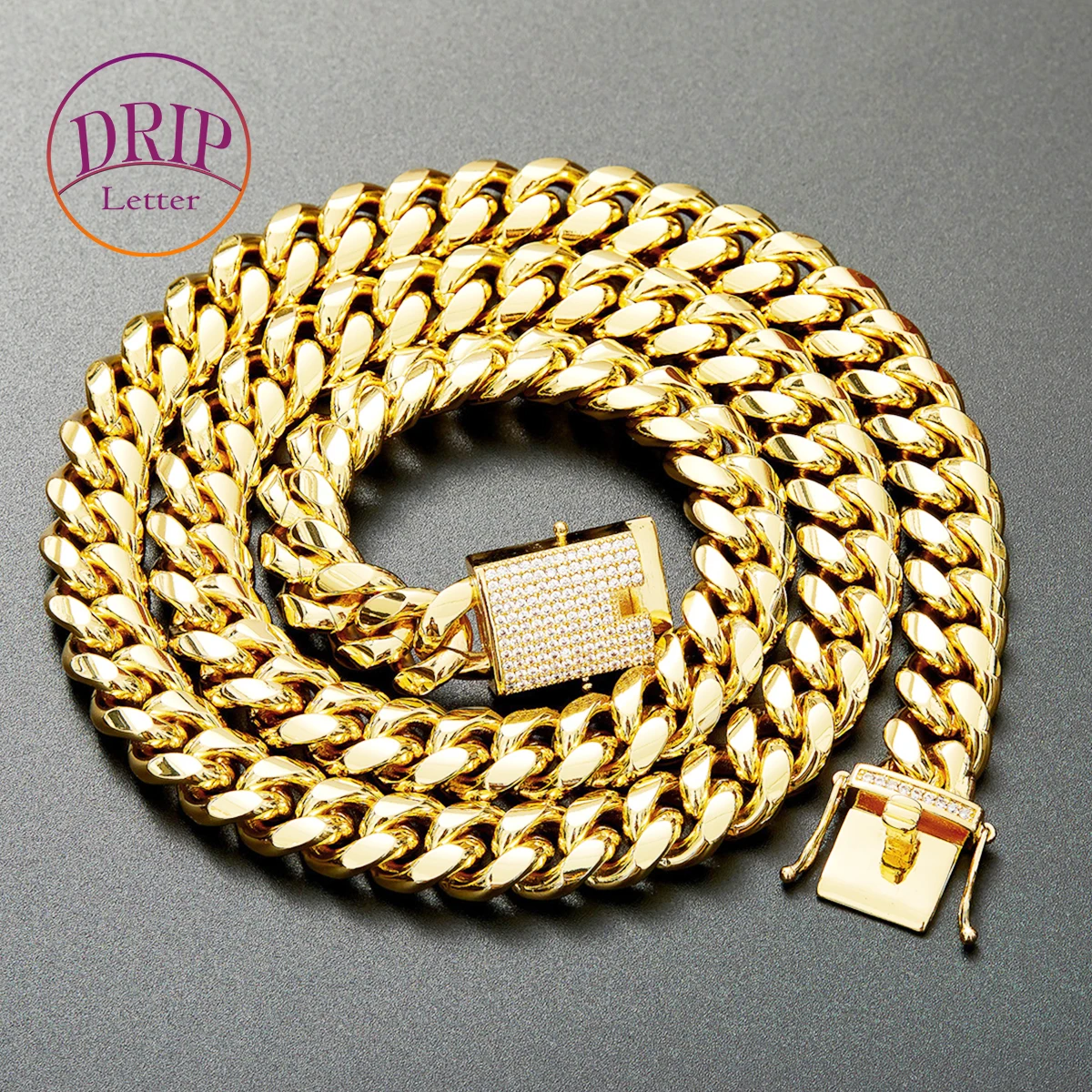 

Drip Letter 14mm Stainless Steel Necklace for Men Miami Cuban Link Chain Choker Hip Hop Classic Jewelry Gift