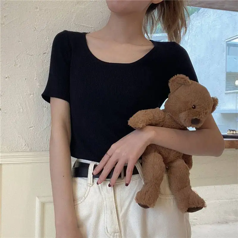 

Summer round neck solid color new short-sleeved versatile casual top 2022 grey