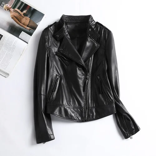 

Luxury brand Genuine Leather Jacket Women 100% Real Sheepskin Jackets 22 Spring Autumn Motorcycle Coat Slim Long Sleeved Coats L