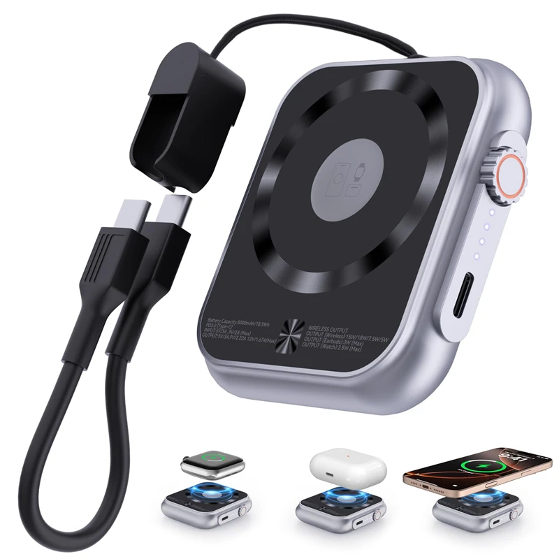 Фото Новый магнитный беспроводной Power Bank OnePlus PD20W 3-в-1 на 5000 мАч для быстрой зарядки Apple Watch и iPhone 17 Pro Max/16/15/14/13/12 №1