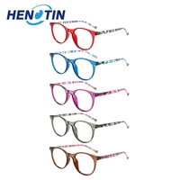henotin reading glasses spring hinge men and women with oval frame printed temples hd prescription decorative eyeglasses 0600