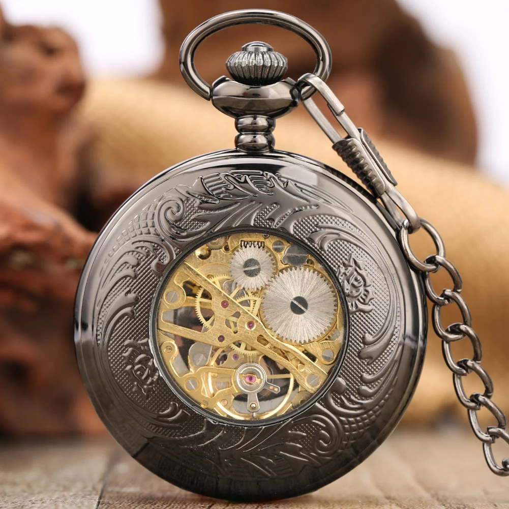 Hollow Spider Web Roman Numerals Display Manual Mechanical Pocket Watch Black Fob Chain Antique Pendant Hand-Winding Timepiece