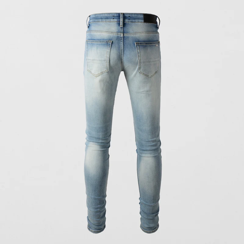 Street Fashion Men Jeans Retro Light Blue Elastic Skinny Ripped Jeans Men Red Beading Patched Designer Hip Hop Brand Pants Homme