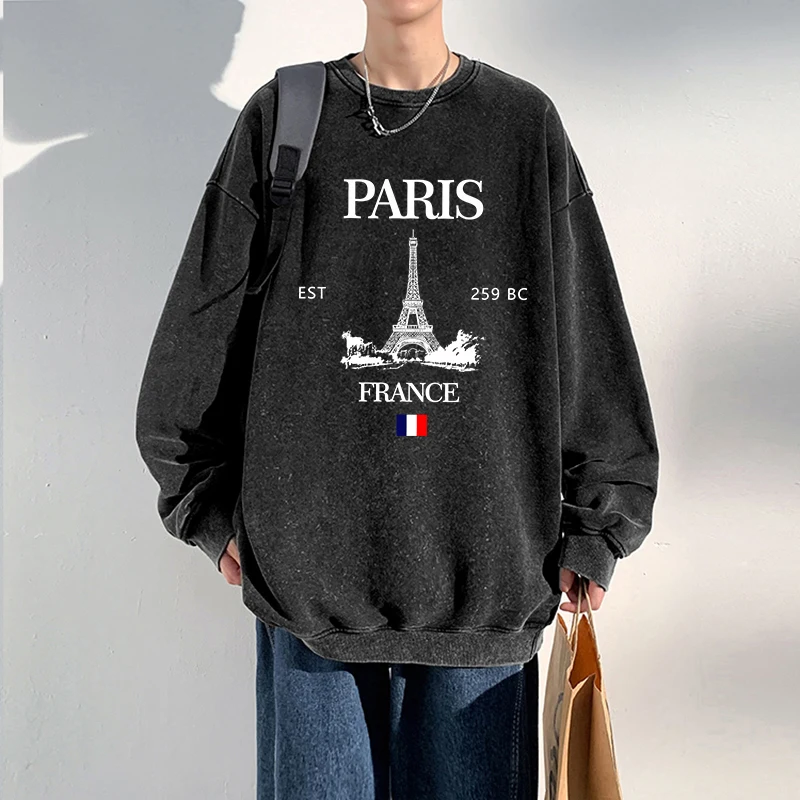 Fashion Men Washed Sweatshirt Paris France Eiffel Tower Printing Pullover Oversized Warm Cotton Hoodie Street Couple Clothes