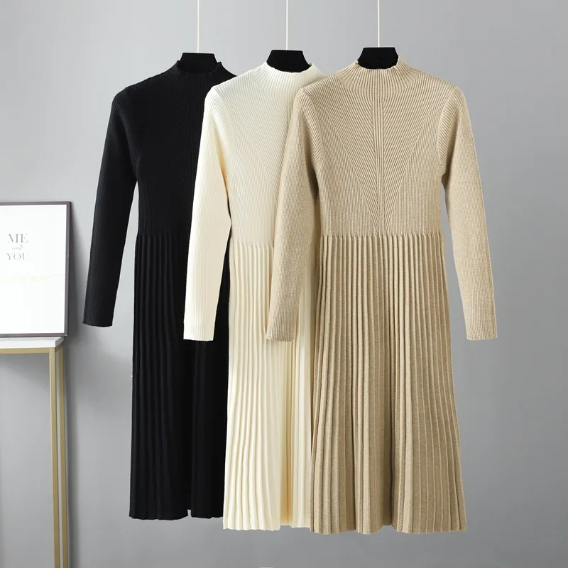 

Solid Women Long Knit Maxi Sweater Dress Turtleneck Autumn Winter Warm A Line Dresses Christmas Holiday Party Dress