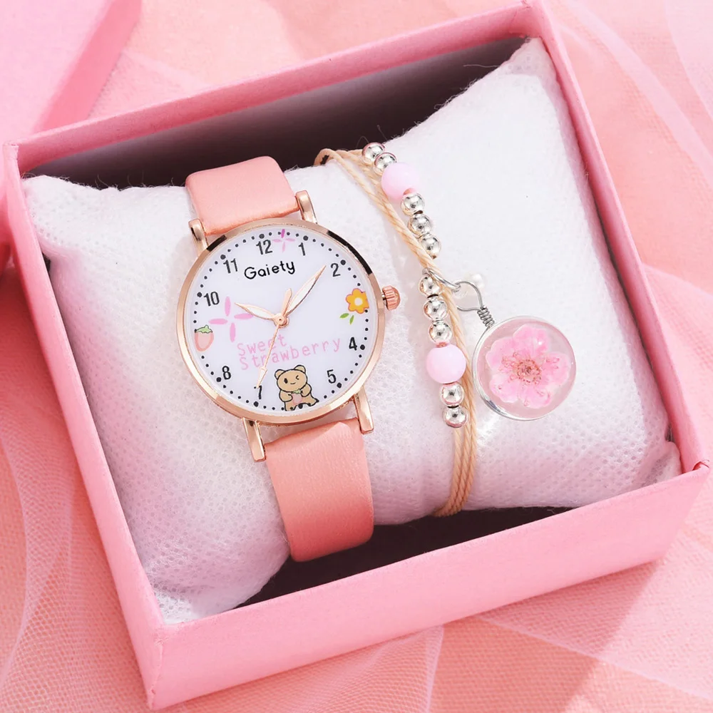 

Gaiety Brand Fashion Animal Flower Dial Quartz Wristwatch Children Watches Pink Leather Strap Ladies Girl Clock Gift Reloj Mujer