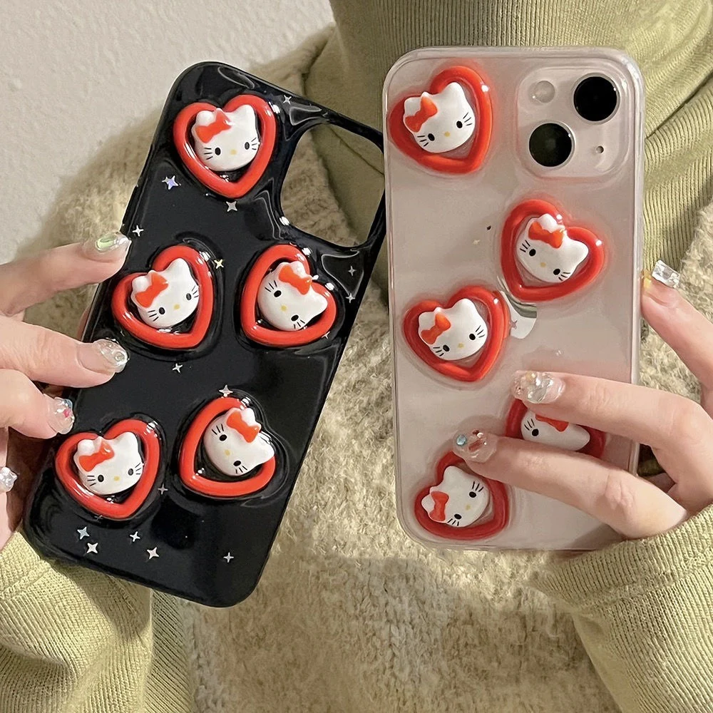 

3D Three-dimensional Love Sanrio Hello Kitty Phone Case for IPhone 14 13 12 11 Pro Max X XR XS MAX 7 8Plus Girl Soft Back Cover