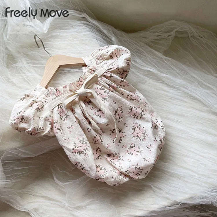 Freely Move 2022 Summer Baby Bodysuits Short Sleeve Toddler Girls One Piece Embroidery Floral Print Square Collar Baby Clothes