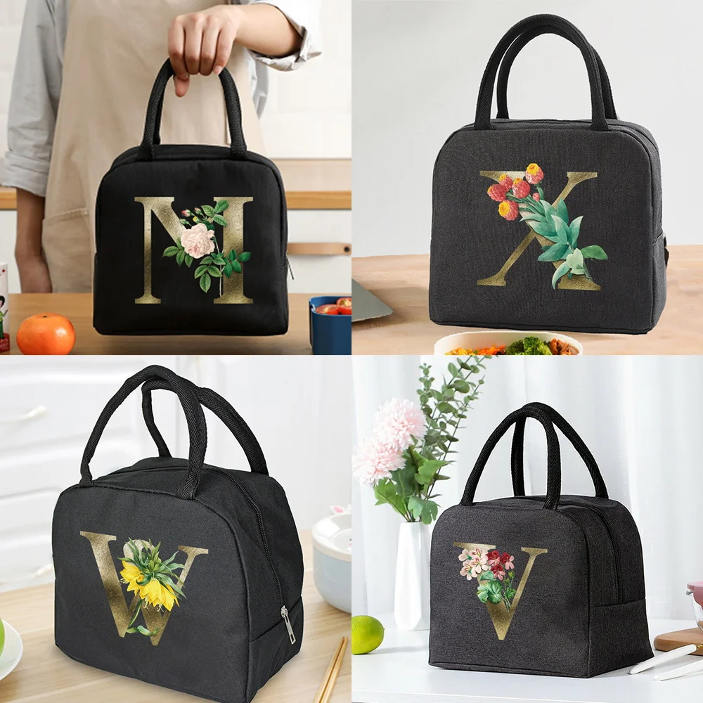 

Lunch Bag Unisex Thermal Insulated Kids Lunch Box Handbag Food Picnic for Work Cooler Storage Bags Golden Flower Letter Series