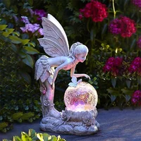 Fairy Resin Statue With Crystal Ball Solar Led Light Yard Night Lamp Garden Ornaments Courtyard Angel Sculpture Home Decoration