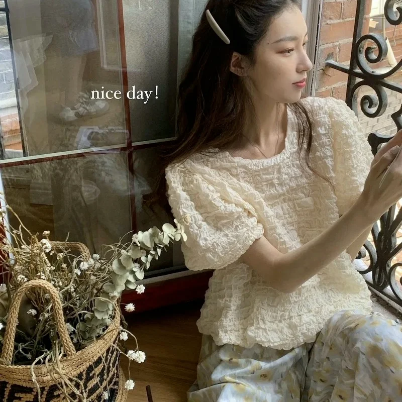 

QWEEK Women's Home Clothes Puffs Folds Pijamas Room Set 2021 Summer Pajamas Loose and Soft Can Go Out Pyjamas Homewear Fashion