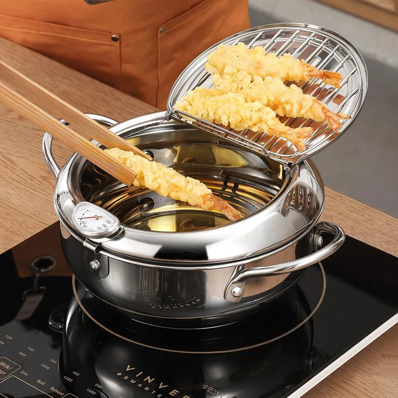 

Japanese Deep Frying Pot with a Thermometer and a Lid 304 Stainless Steel Kitchen Tempura Fryer Pan24 cm pots and pans