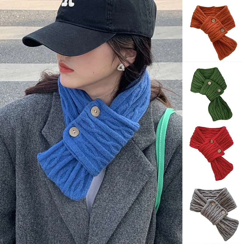 

Korean Button Knitted Winter Scarves Woman Long Skinny Small Muffler Neck Warmer Scarves Woolen Neckerchief Soft Thick DIY Shawl