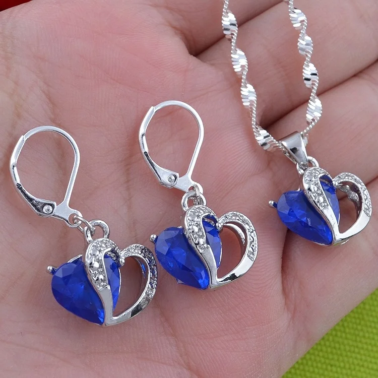 

ANGLANG Luxury Heart Shape Blue Cubic Zirconia Jewelry Set Engagement Necklace Earring for Bridal Wedding Jewelry Gift for Women