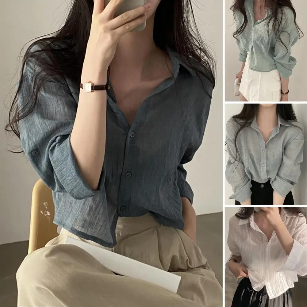 

Trendy Shirt Top Shrink Resistant Women Shirt Turn-Down Collar Women Solid Color Sun Protection Shirt Workwear