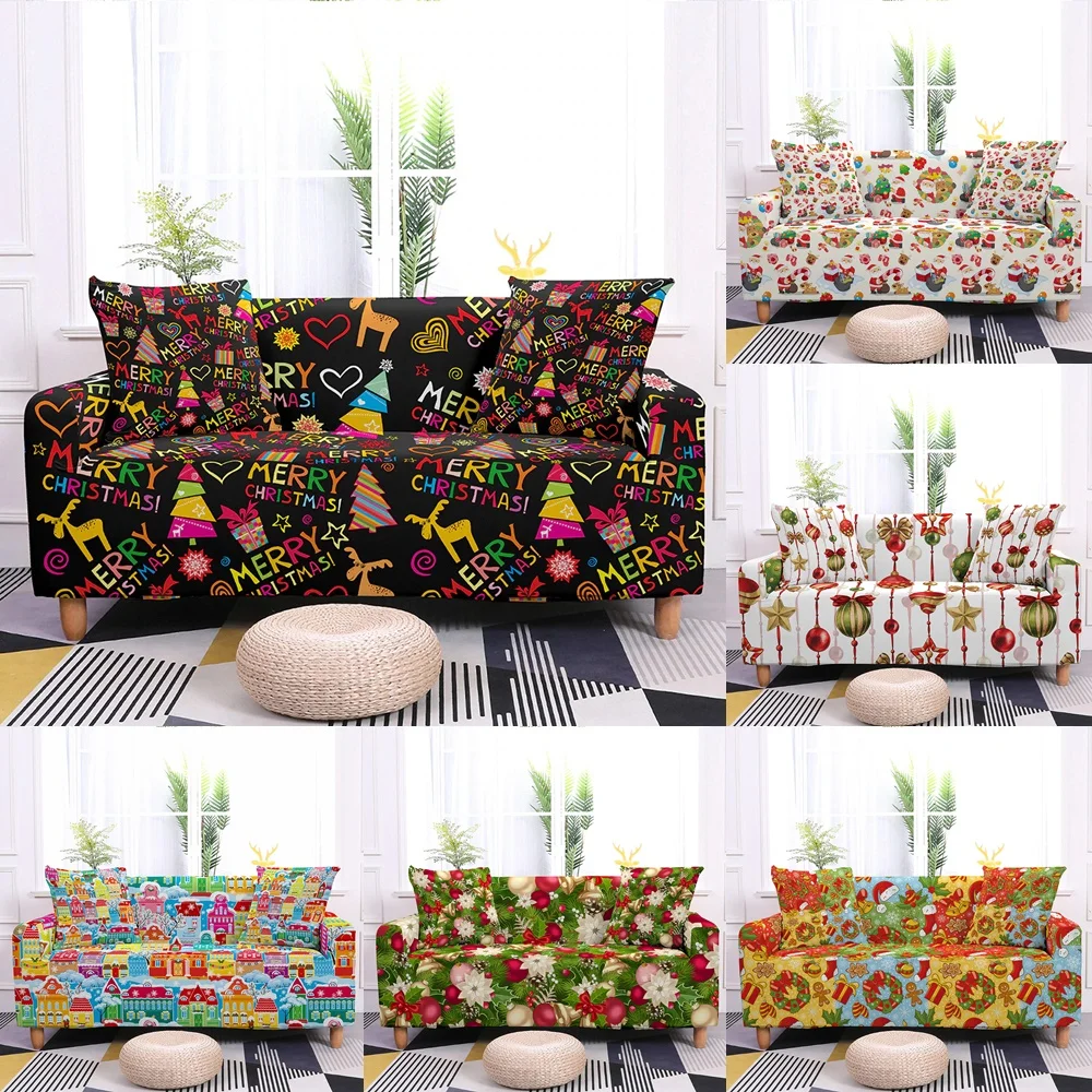 

Christmas Sofa Cover Slipcover Corner Sectional Stretch Elastic Xmas Tree Bell Flowers Santa Claus Couch Covers For Living Room