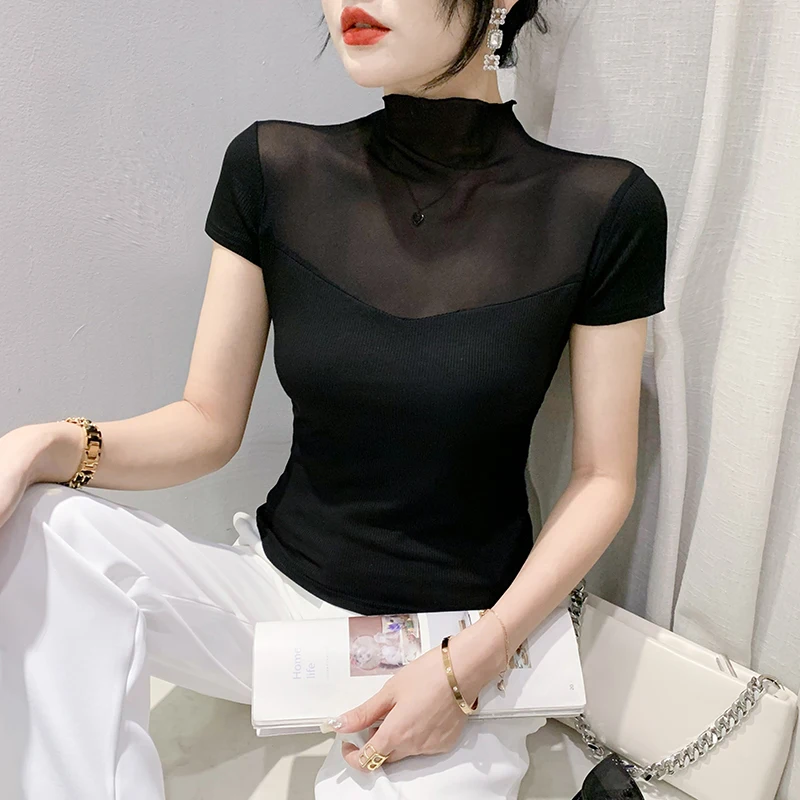 

Футболка женская сетчатая с коротким рукавом, Приталенный топ, элегантный укороченный топ, черный цвет, на лето, 2023