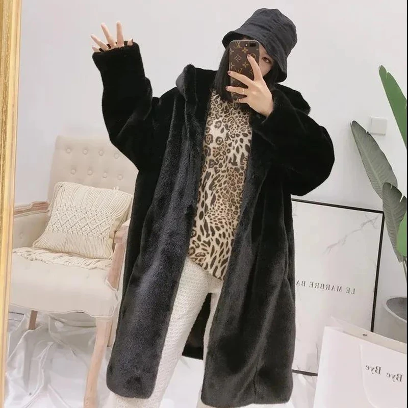 New Women Winter Faux Fur Coat Hooded Long Fur Solid Color Coats Jacket Thick Warm Female Casual Plush Plus Size Loose Overcoat