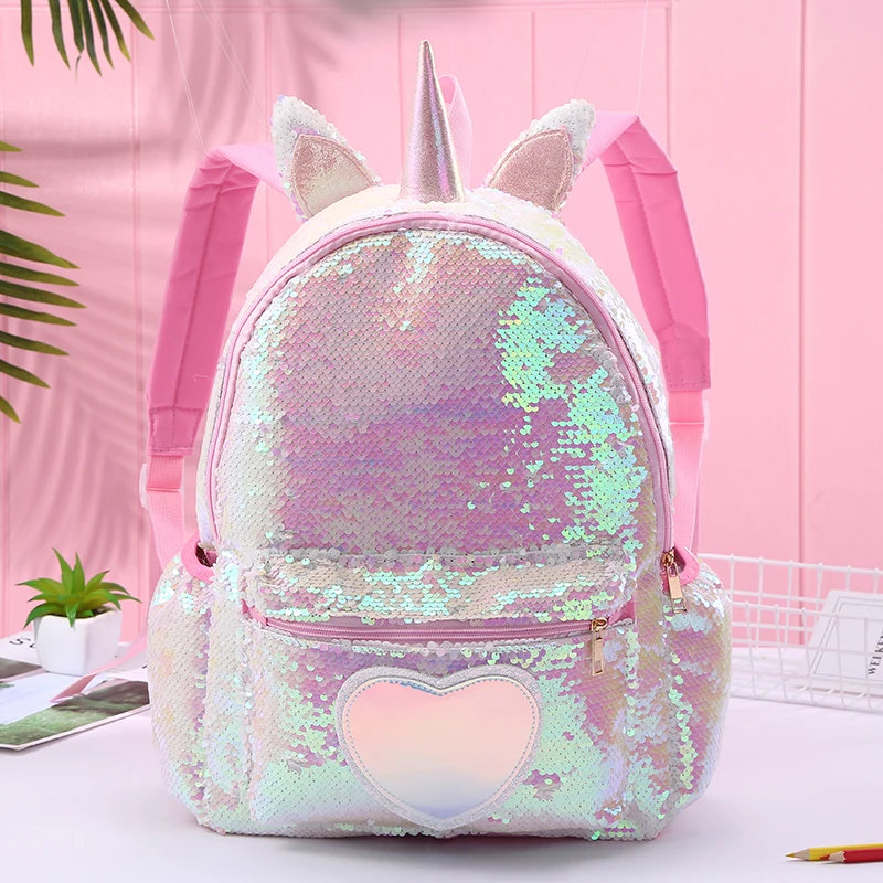 Unicorn Bag Sequin Children Backpack for Girls Schoolbag Hologram Heart Kawayi Kids Bags Preschool Backpack