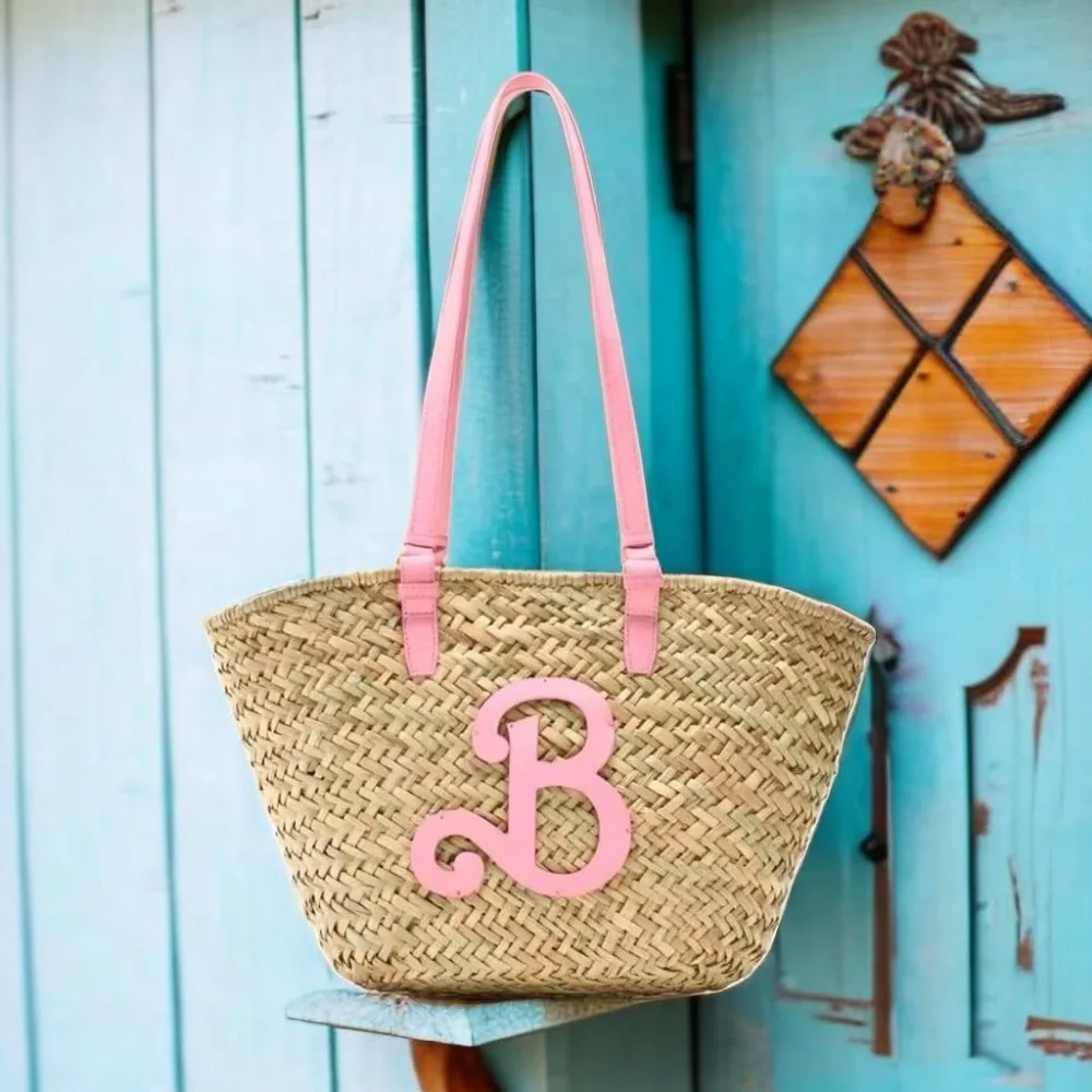 

Fashion Pink B Straw Weave Tote Bags Women Boho Shoulder Bag Female Summer Vintage Beach Handbags Large Capacity Shopper Bag