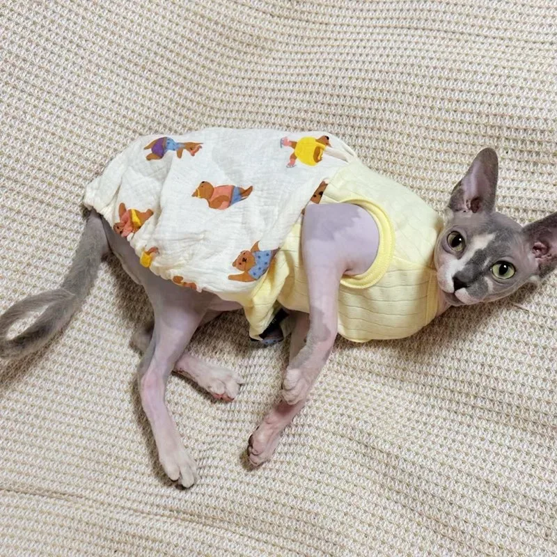 

Fashion Sphynx Cat Slip Dress Hairless Cat Clothes Soft Cotton Animal Printing Bubble Skirt for Devon Rex Pet Supplies in Spring