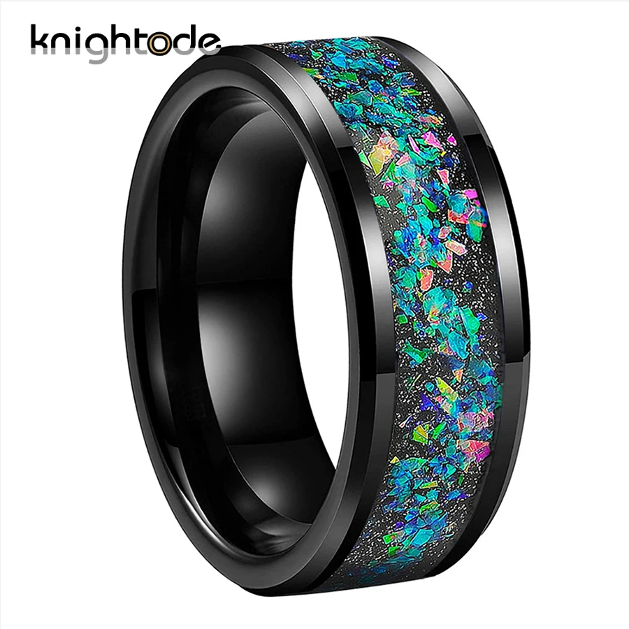 8mm Wedding Band Black/Silvery Tungsten Carbide Ring With Galaxy Series Opal Inlay Beveled Edges Polished Shiny Comfort Fit