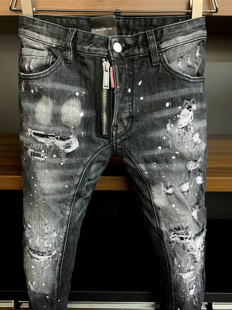 New Men's Dsquared2 Buttons Jeans Ripped For Male Skinny  Pants Men's Denim Trousers Top Quality Slim Jeans A395