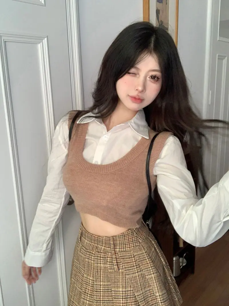 

Женские корейские модные пикантные белые облегающие рубашки, уличная одежда, укороченная блузка в стиле Харадзюку, Женский шикарный топ с отложным воротником и майка из двух предметов