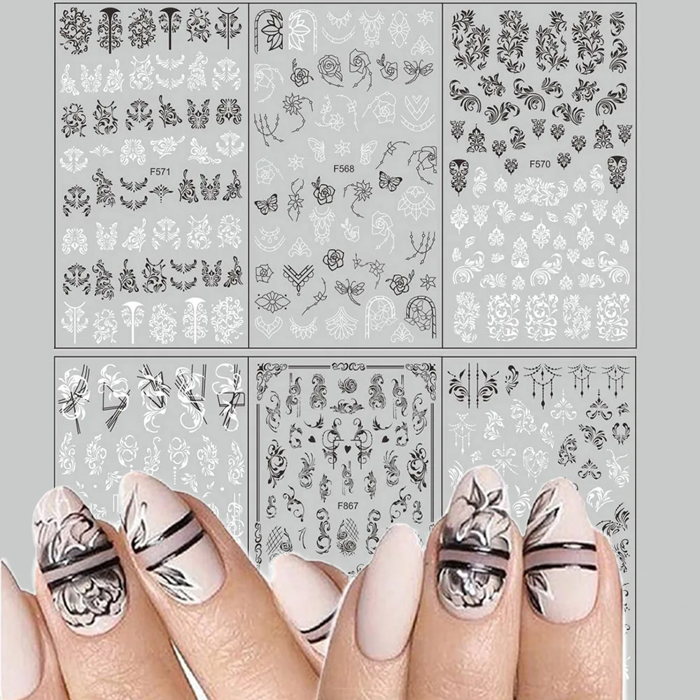 

6 Sheets Set Retro Flower Nail Art Sticker Black/White Flower & Leaves French Nail Sticker Decals Simple Line Geometric Slider