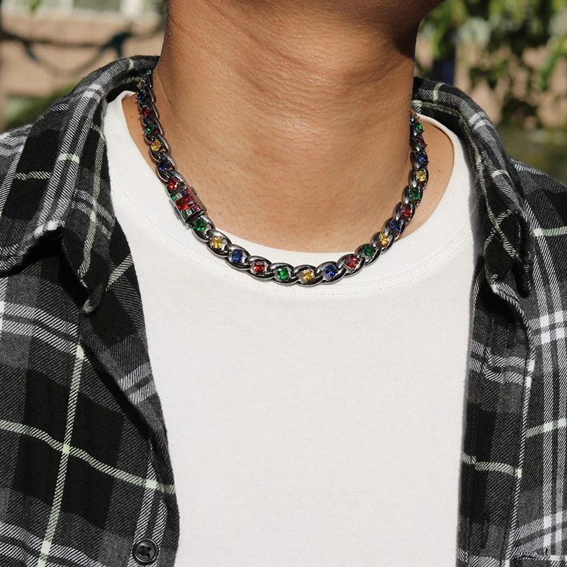 

Hip Hop Men Women Iced Out Cuban Link Chains 12mm Colorful Zirconia Necklaces Nightclub Rapper CZ Chokers Jewelry Silver Plated