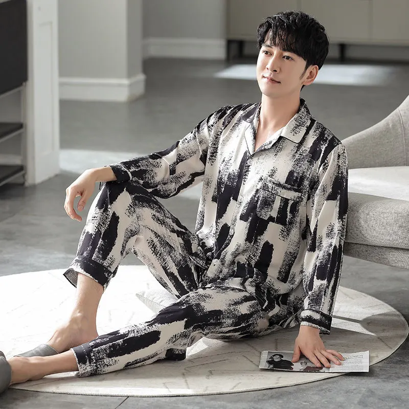 Satin Chiffon Men Pajamas Long-sleeved Trousers Spring and Summer Printed Home Service Suit Women's Autumn Pajamas New Products
