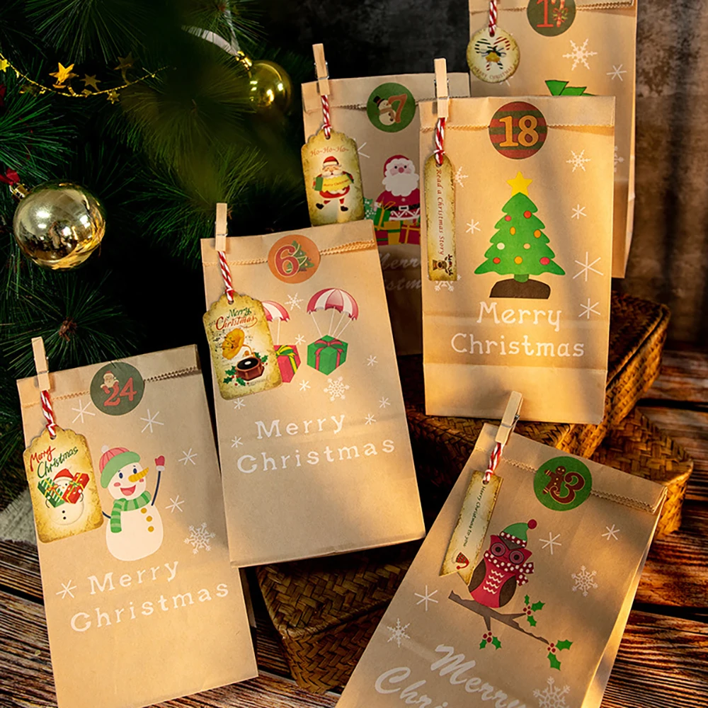 

24Pcs/set Christmas Paper Bags DIY Gift Wrapping Bag Xmas Party Favor Candy Bags with Advent Calendar Sticker