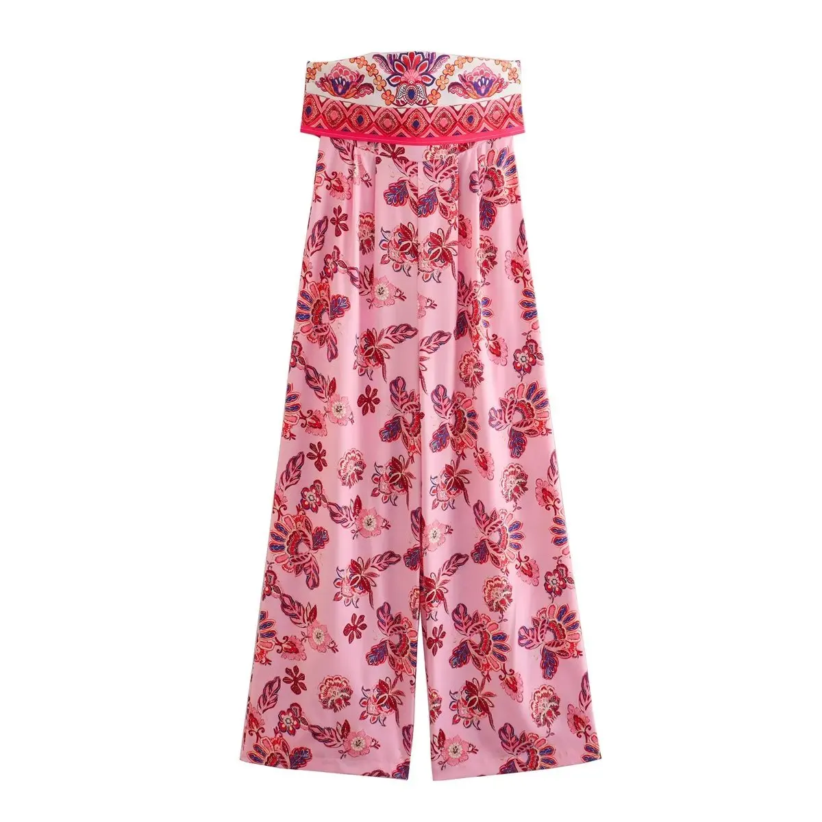 

Women 2023 New Chic Fashion Summer Pink Colour Printed Tube Top Jumpsuits Vintage Relaxed Zipper Female Playsuits Mujer