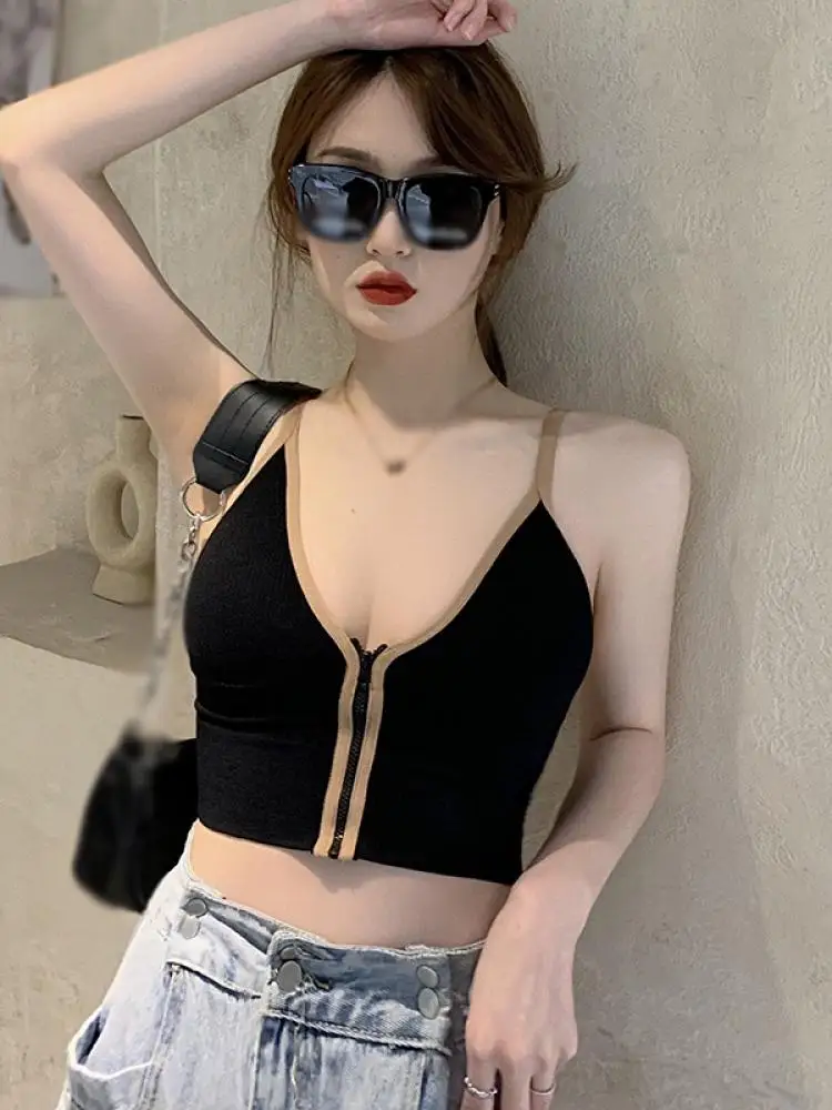

2022 New Women'S Spring And Summer Zipper Bra Camisole Belt Gathered Bottoming Sports Underwear