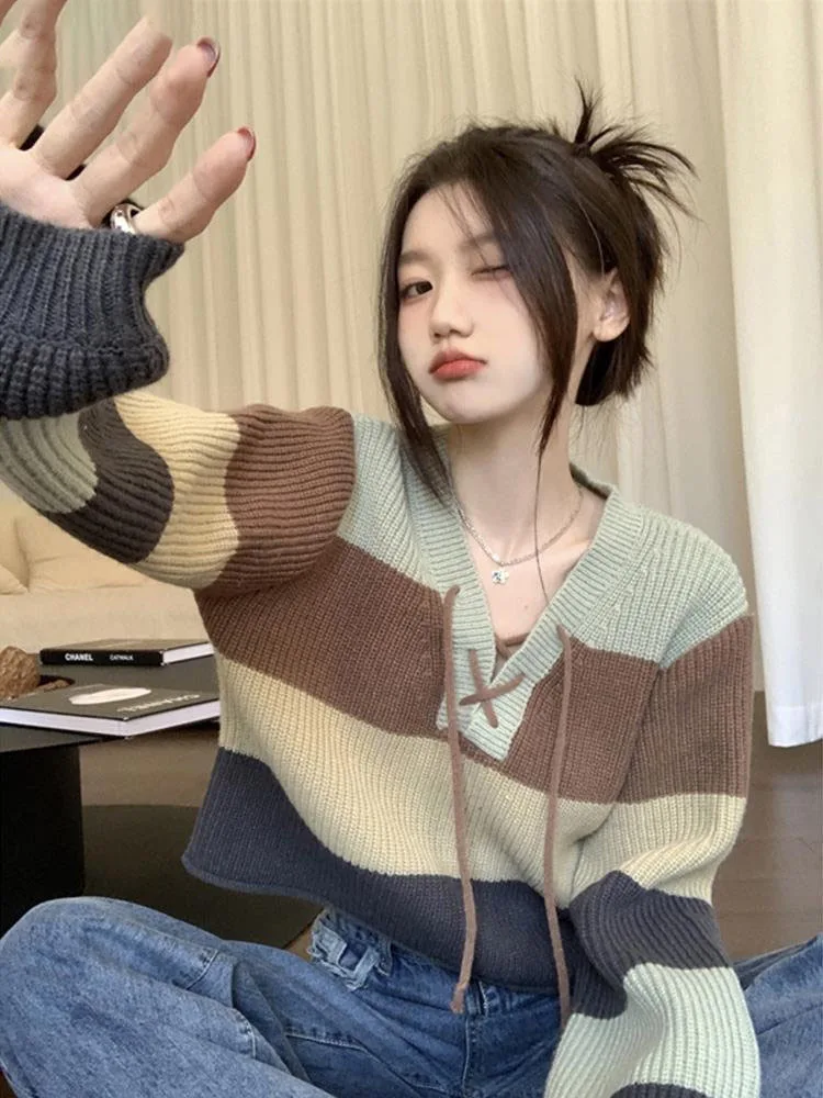 

Женский винтажный полосатый укороченный свитер, повседневный Свободный вязаный пуловер с V-образным вырезом в стиле Харадзюку, Y2k, весна 2023