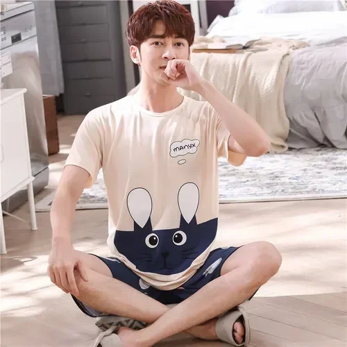 

Thin Cute Loose Set Men Top Pajamas Leisure Homewear Short-sleeved Cartoon Clothing Sleepwear Cotton Summer Male Men's