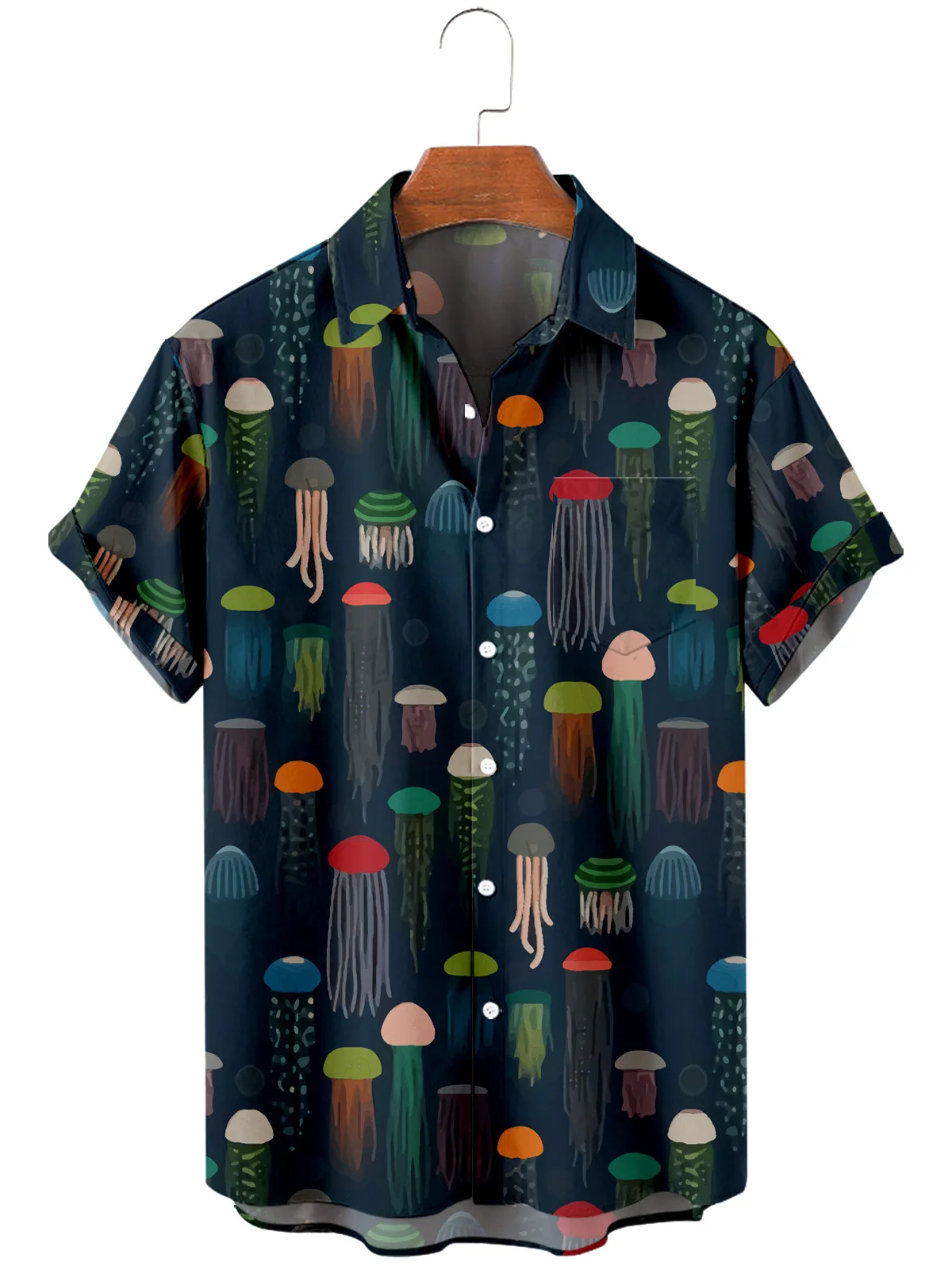 2021 Men's Short Sleeve Lapel Shirt Large Size Jellyfish 3D Printed Men's Shirt with Pockets
