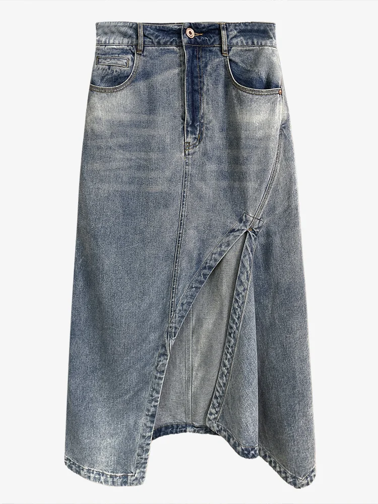 

High Waist Blue Denim Irregular Hem Slit Casual Midi Half-body Skirt Women Fashion Tide New Spring Autumn 2022 M405