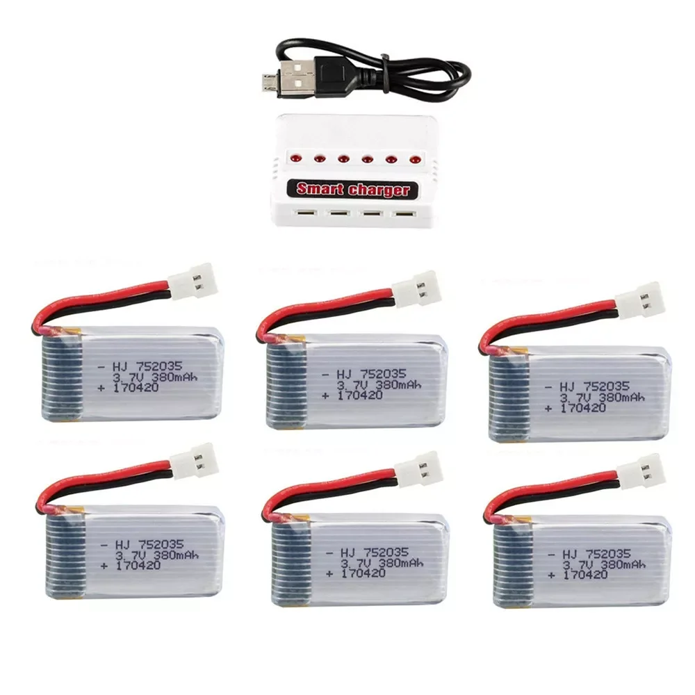 

3.7V 380mAh lipo Battery and 6 in1 Charger Set For Hubsan X4 H107 H107L H107D JD385 JD388 RC Helicopter Parts 752035 Battery