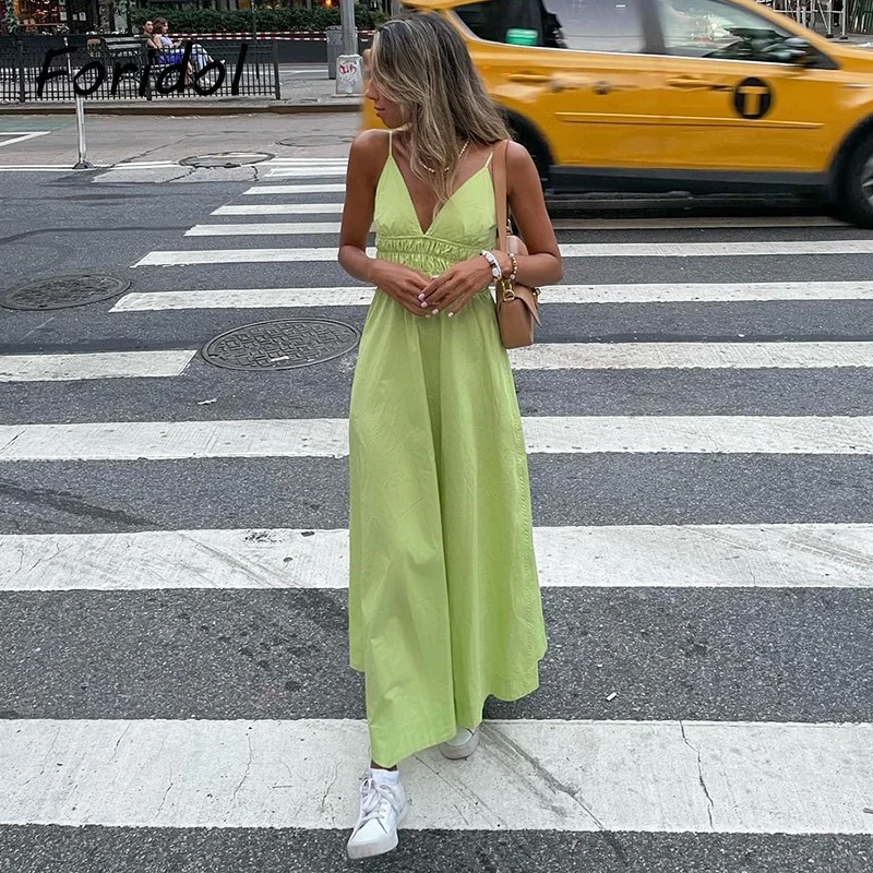 

Foridol Eleatic Smocking Green Cotton V Neck Summer Women's Dress Sleevless Long Green Maxi Casual Strapy Dress Solid Female